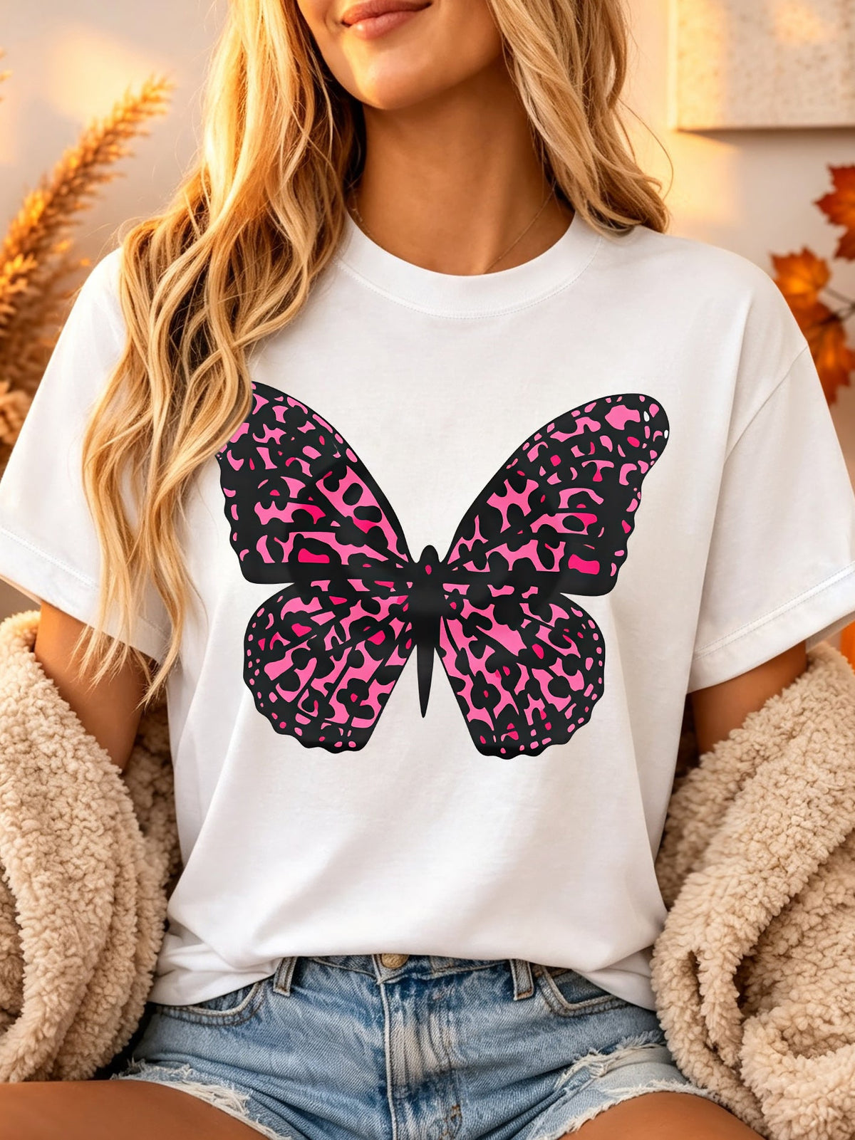 Women's Short Sleeve T-Shirt - Black & Pink Leopard Print Butterfly Suitable Round Neck