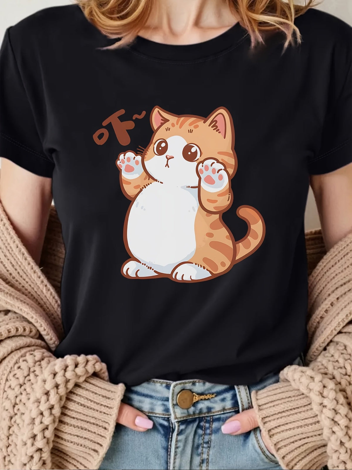 Orange White Cat OK Hand Print Short Sleeve Tee Soft Stretch Crew Neck Top