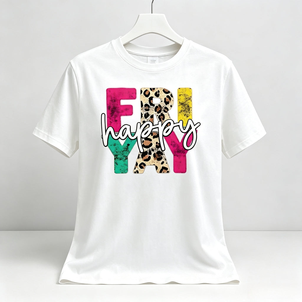 Happy Friyay Graphic Crew Neck Tee Teacher Fashion Short Sleeve Top