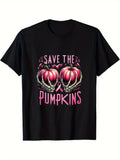 Funny Save The Pumpkins Halloween T-Shirt for Women, Pink Pumpkin Skeleton Hands Tee