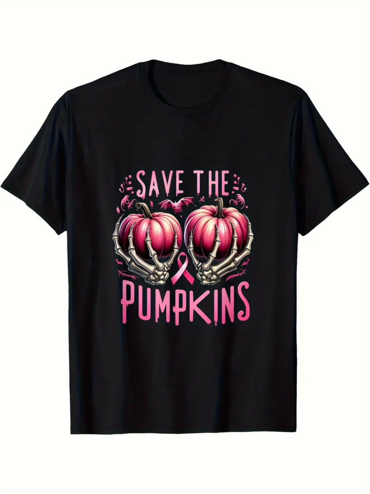 Funny Save The Pumpkins Halloween T-Shirt for Women, Pink Pumpkin Skeleton Hands Tee