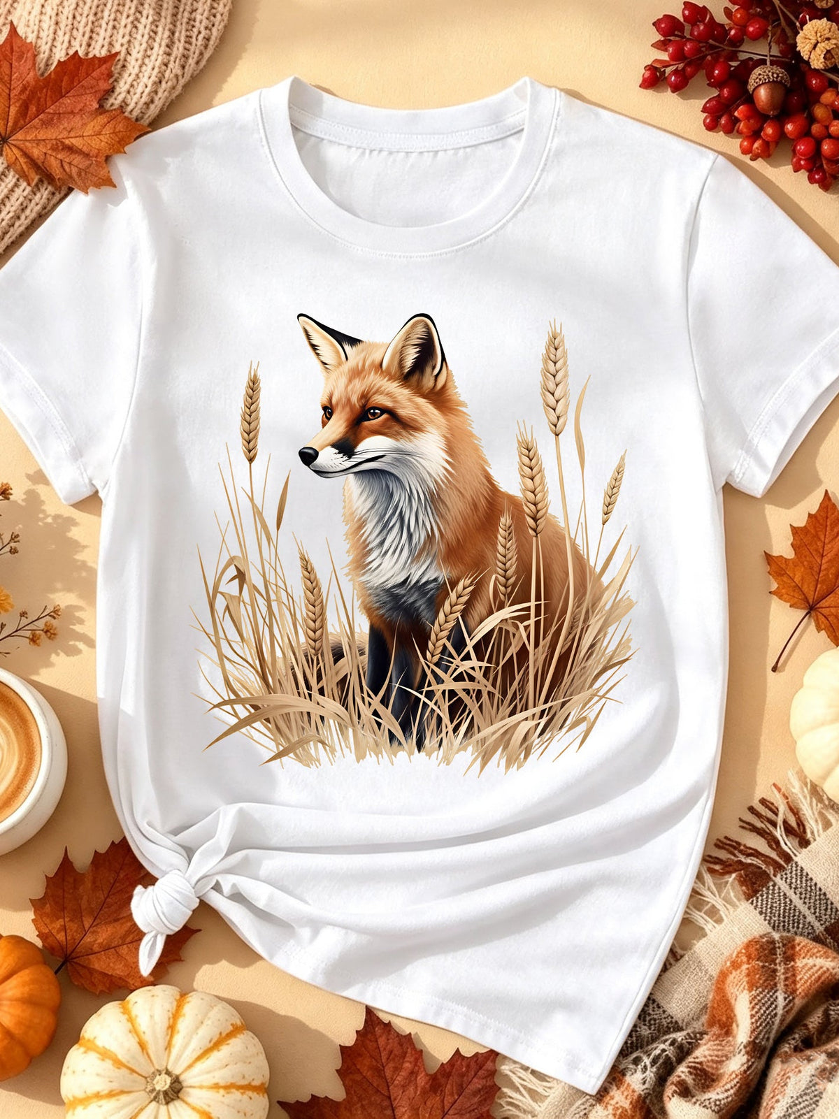 Autumn Wheat Field Animal-Print T-Shirt — Autumn Wildlife and Nature-Themed Crew-Neck Short-Sleeve T-Shirt