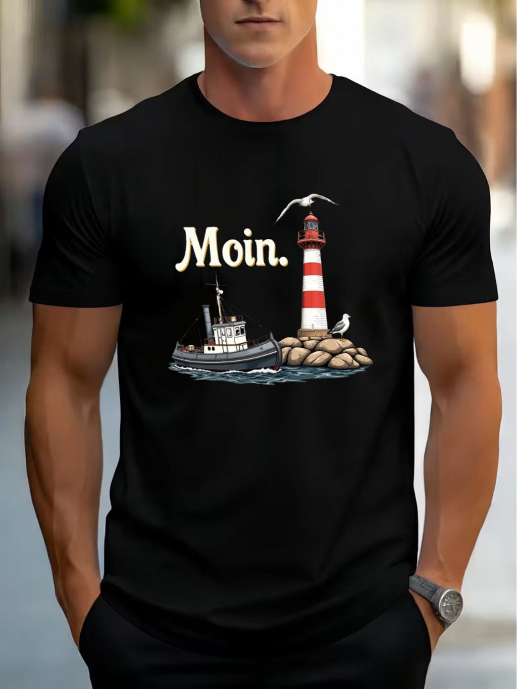 Moin Nautical Lighthouse Fishing Boat Print Quick Dry Breathable Tee Crew Top