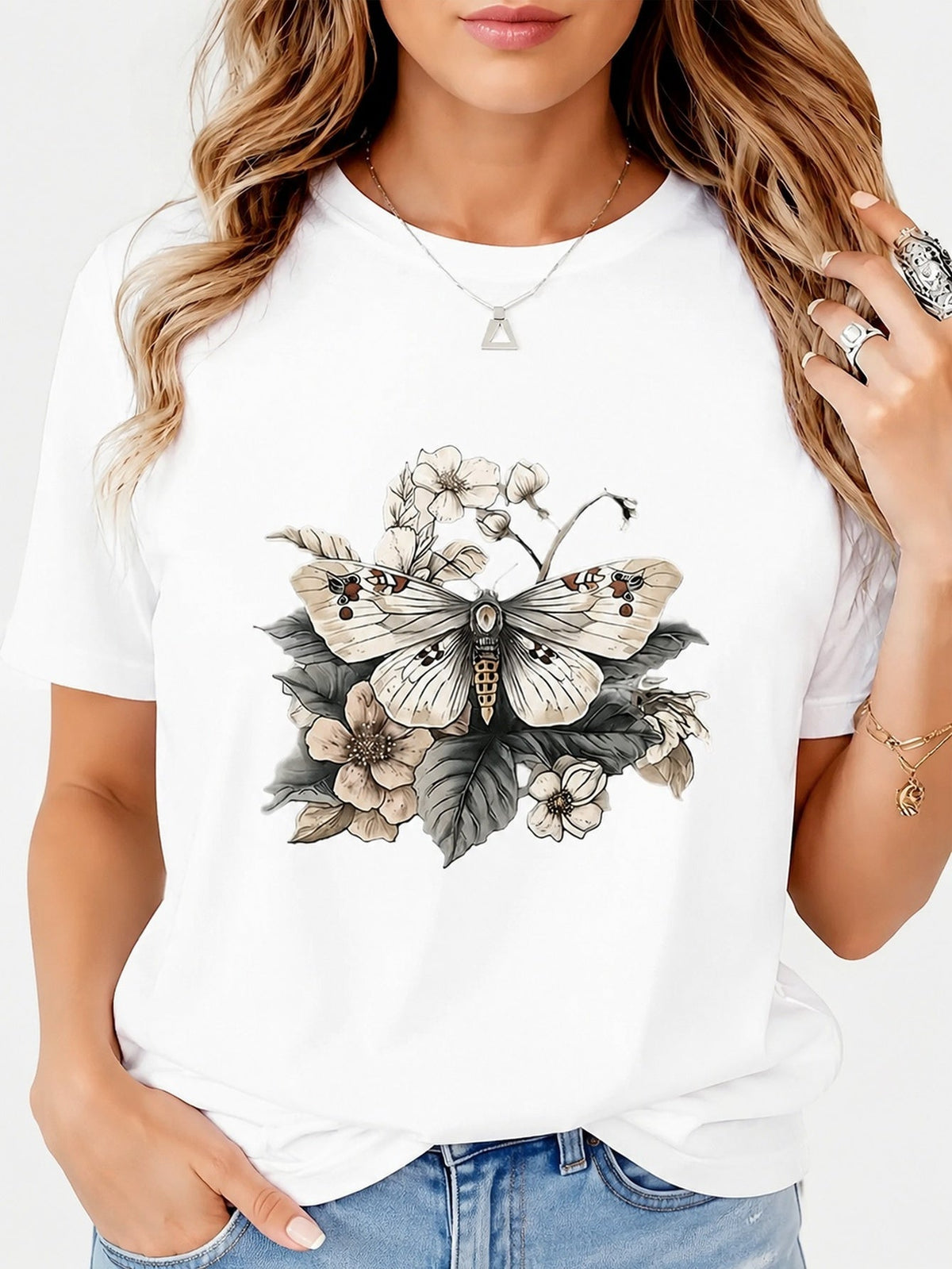Vintage Moth With Floral Accent Graphic TShirt for Nature and Flower Lovers Casual Everyday Standout Top