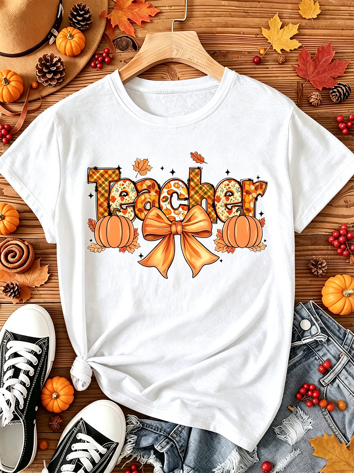Fall Teacher Pumpkin Bow Graphic T-Shirt, Cute Autumn Maple Leaf Short Sleeve Tee for Teacher Gift