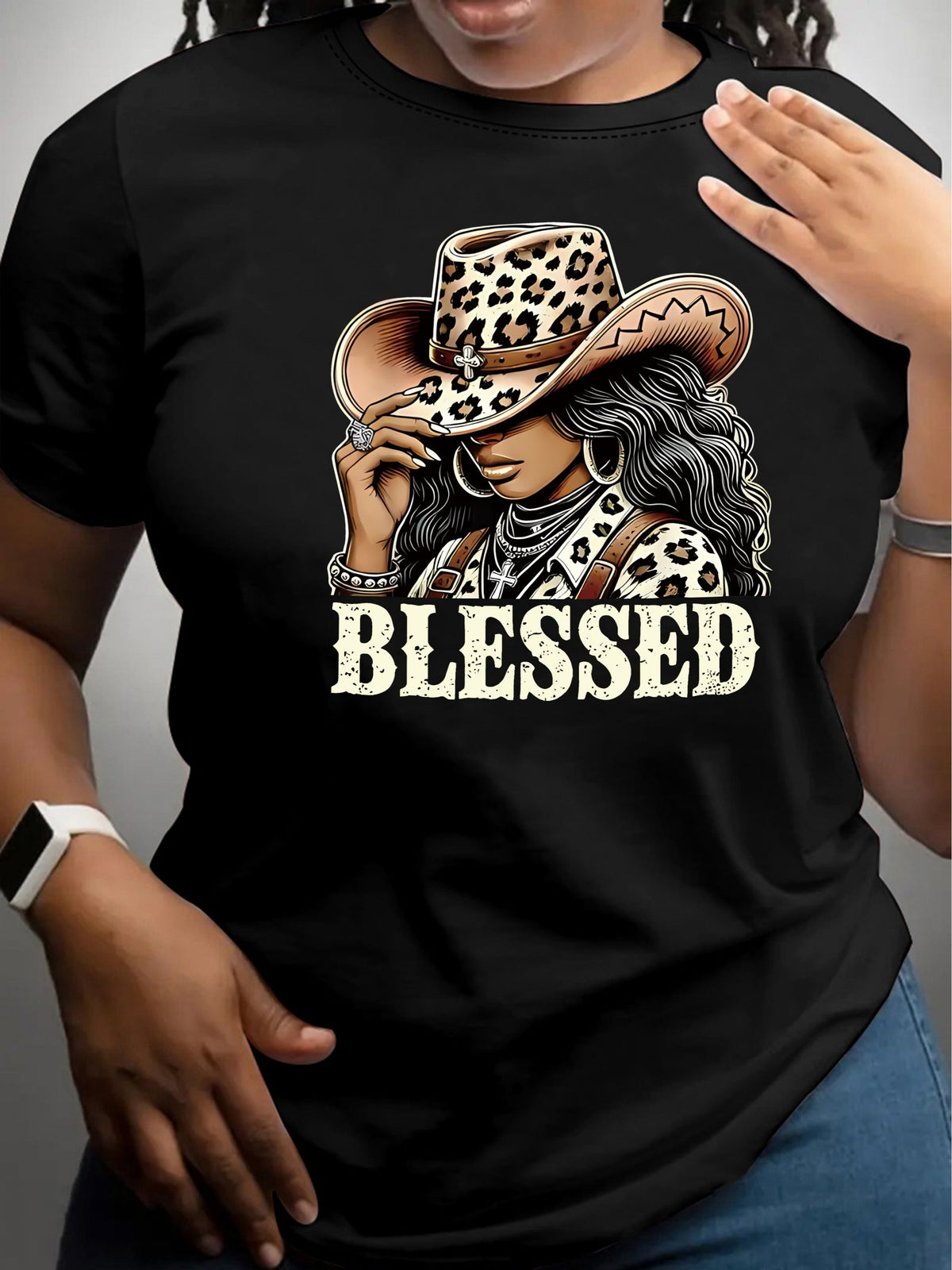 Women's Blessed Graphic T-Shirt, Western Cowgirl Leopard Print Hat Design, Faith Inspired Short Sleeve Crew Neck Casual Tee