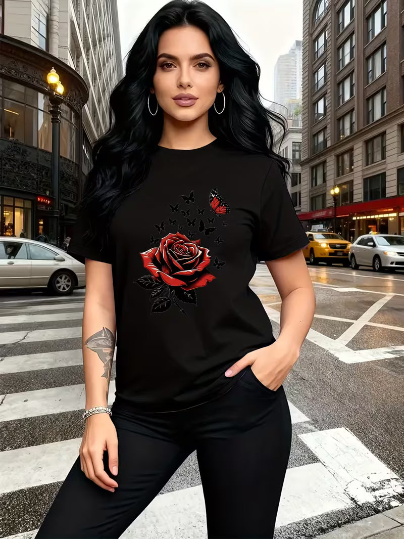 Rose Butterfly Print Short Sleeve Tee Trendy Fashion Crew Neck Casual Top