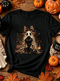 Halloween Leopard Bow Black Cat Ghost Print Short Sleeve Retro Style Casual Top Halloween Gift