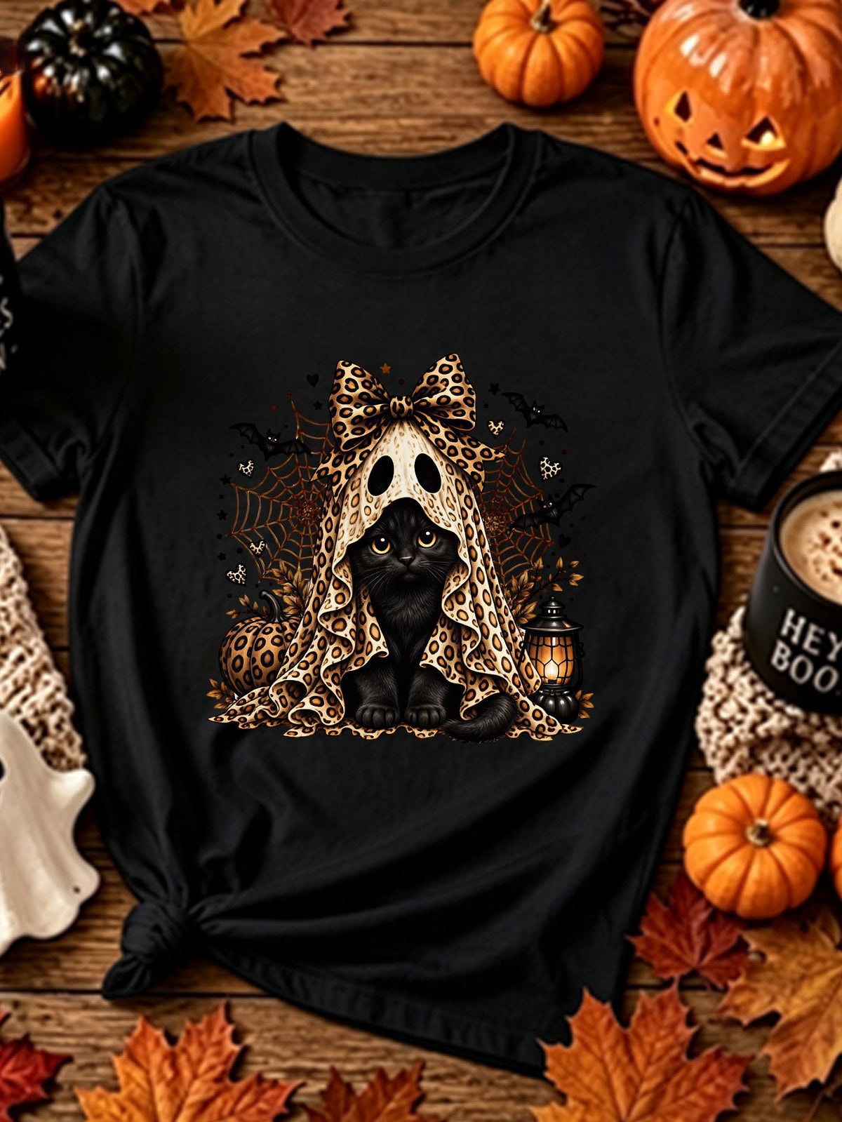 Halloween Leopard Bow Black Cat Ghost Print Short Sleeve Retro Style Casual Top Halloween Gift