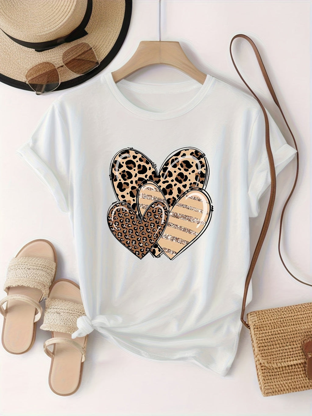 Leopard Heart Applique Print Short Sleeve Tee Crew Neck Casual Top