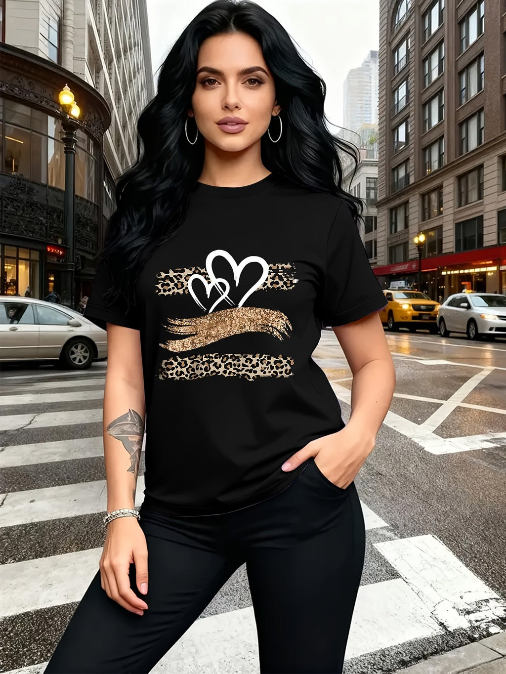 Leopard Heart Glitter Print Short Sleeve Tee Trendy Breathable Crew Neck Top