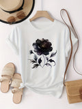 Dark Watercolor Floral Graphic Crew Neck Tee Trendy Casual Short Sleeve Top