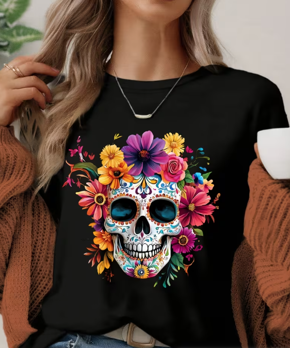 Women's Sugar Skull Graphic T‑Shirt, Rainbow Hair Silent Skeleton Print, Round Neck Short Sleeve Casual Top, Halloween T shirts