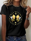 Cartoon Bee Print Short Sleeve Tee Spring Summer Crew Neck Casual Top