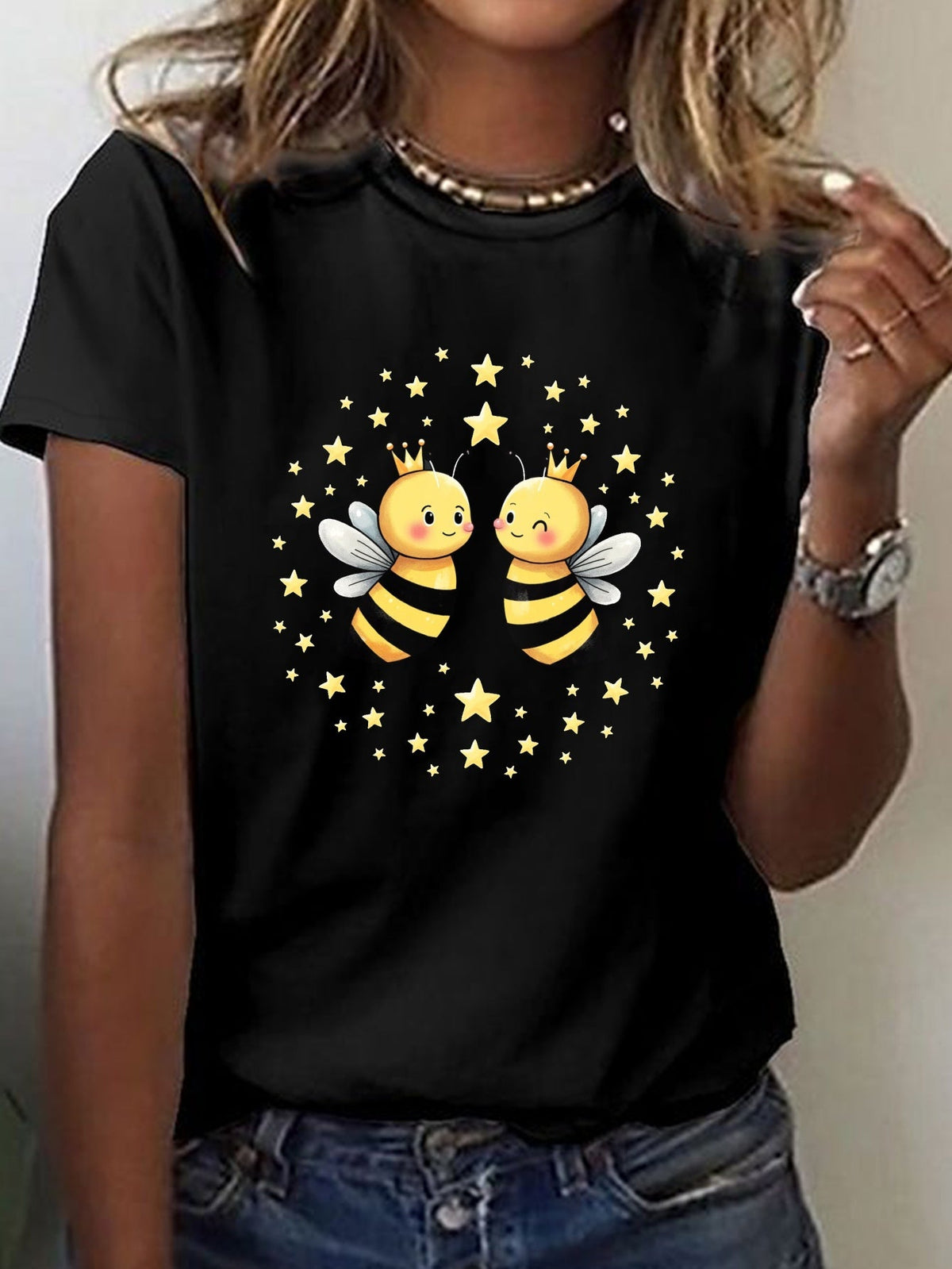 Cartoon Bee Print Short Sleeve Tee Spring Summer Crew Neck Casual Top