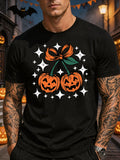 Men's Halloween Cherry Pumpkin Bow Graphic T-Shirt, Short Sleeve Crewneck Tee