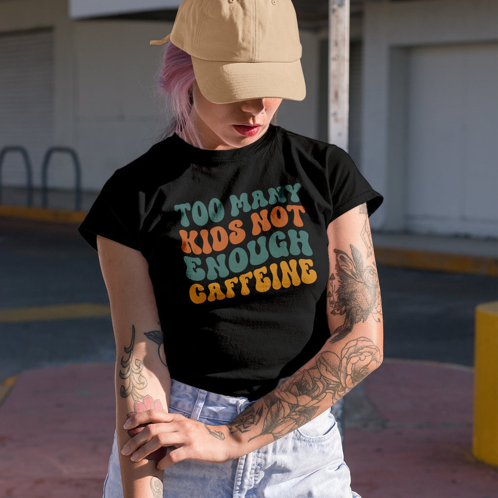 Funny Too Many Kids, Not Enough Caffeine, Mom or Mother Saying, Groovy Retro Wavy Text Merch Gift, Navy Blue T-Shirt, Large