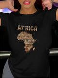 AFRICA Map Print Short Sleeve Tee Casual Crew Neck Summer Top