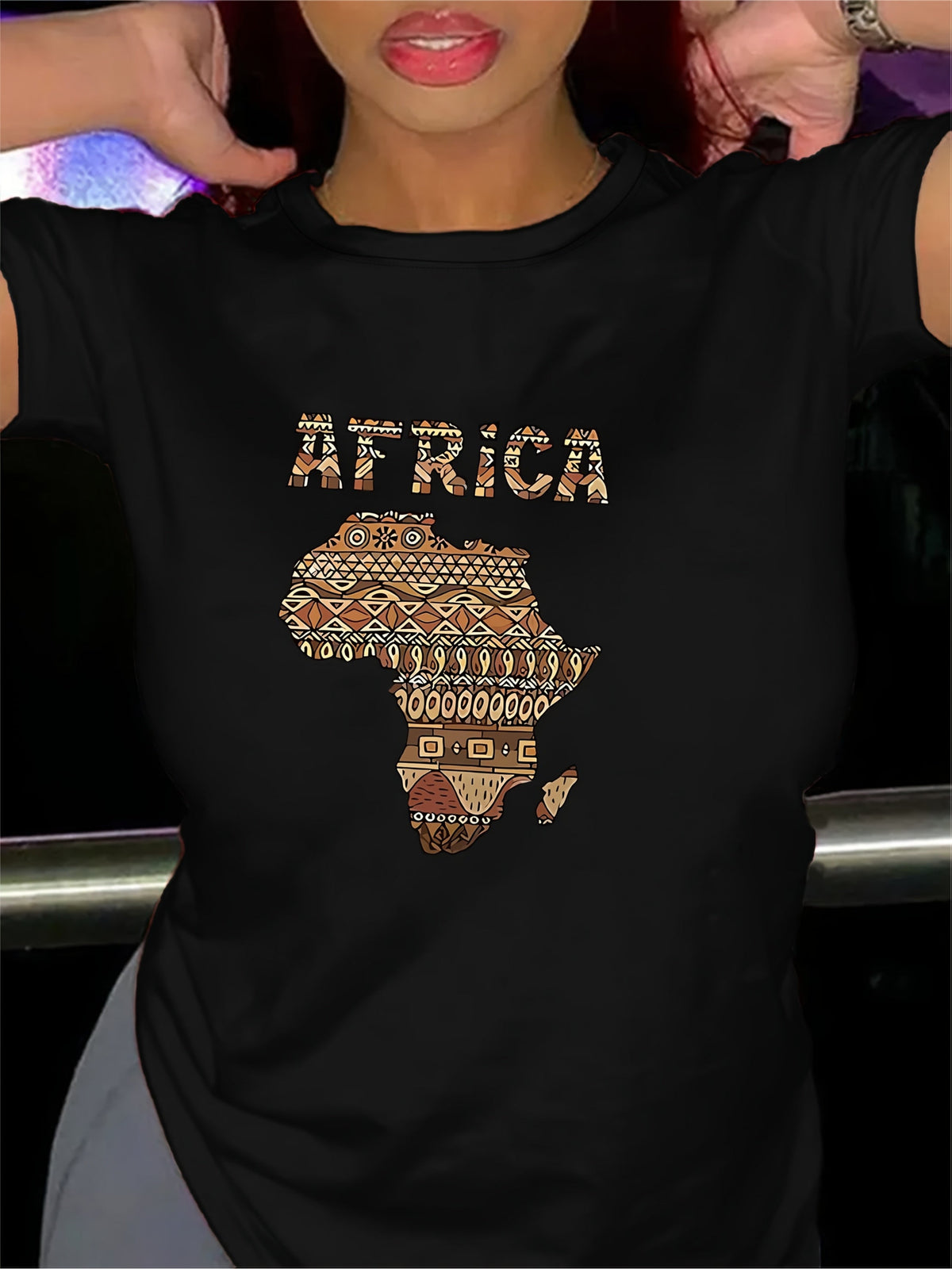 AFRICA Map Print Short Sleeve Tee Casual Crew Neck Summer Top
