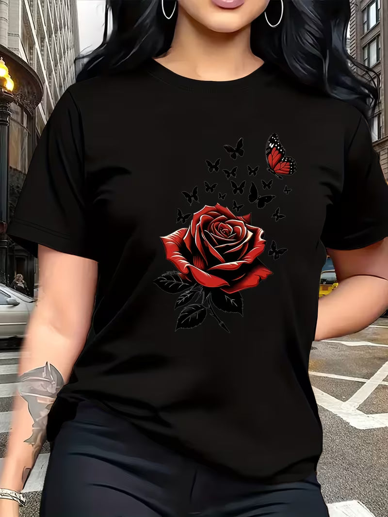 Rose Butterfly Print Short Sleeve Tee Trendy Fashion Crew Neck Casual Top