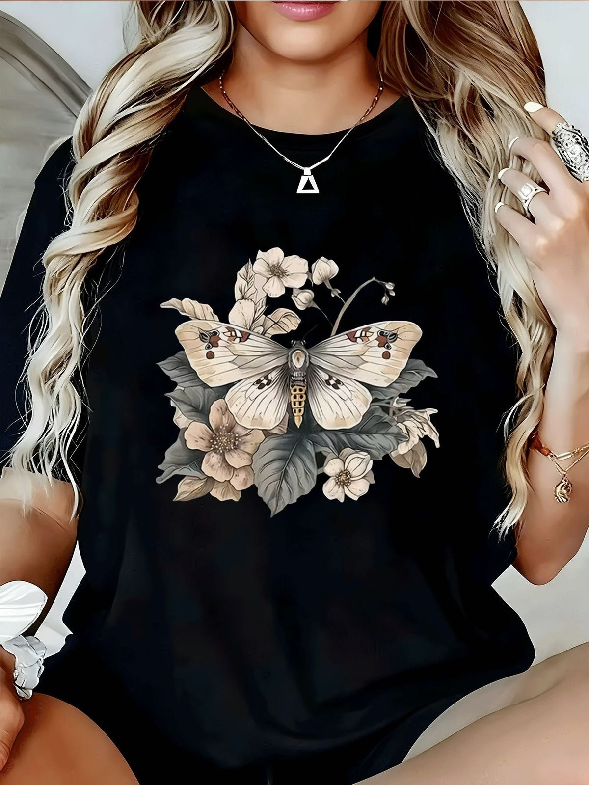 Vintage Moth With Floral Accent Graphic TShirt for Nature and Flower Lovers Casual Everyday Standout Top
