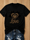 Leopard Heart Balloon Print Short Sleeve Tee Funny Crew Neck Casual Top