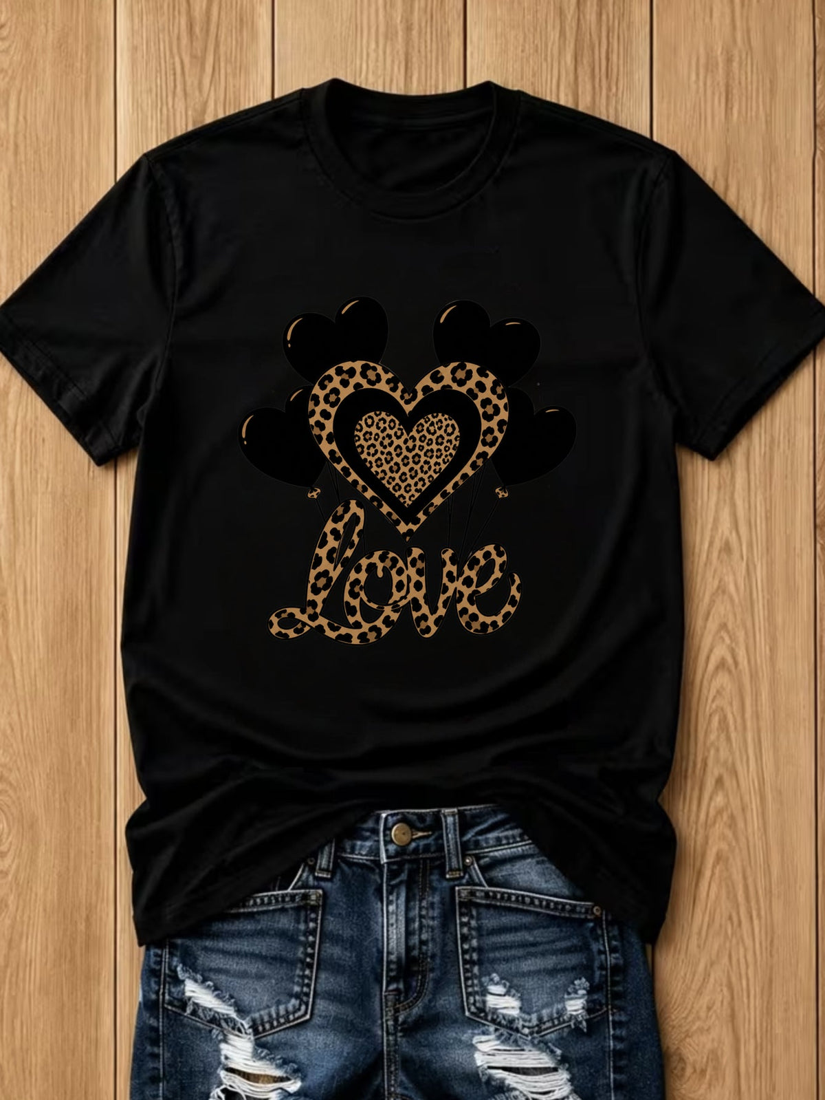 Leopard Heart Balloon Print Short Sleeve Tee Funny Crew Neck Casual Top