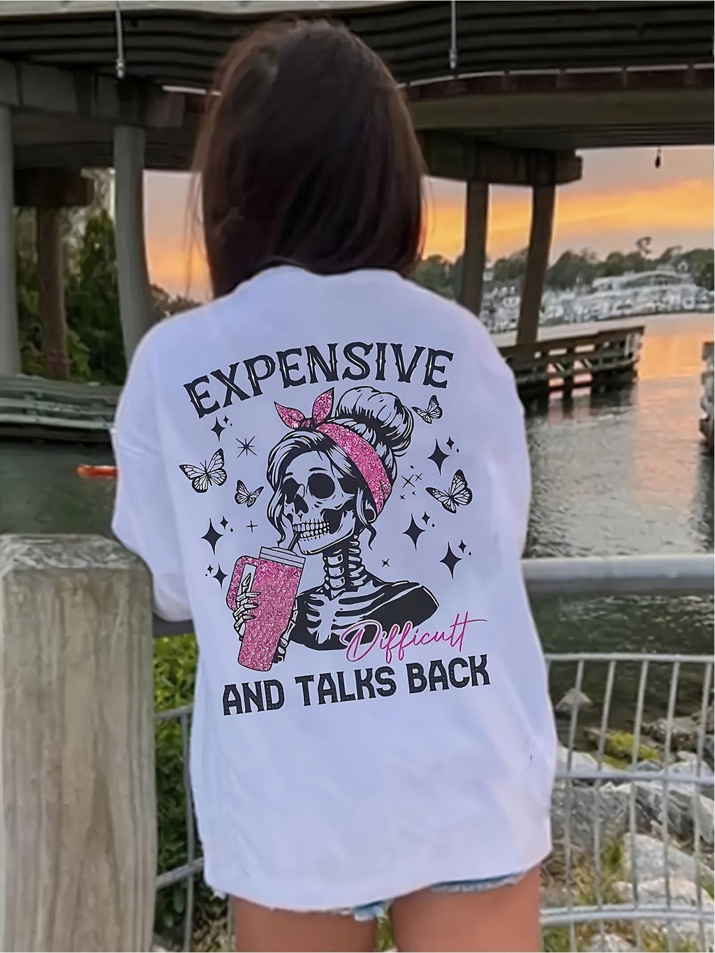 Funny Expensive Difficult and Talks Back T-Shirt for Women, Sassy Skeleton Girl with Cup Tee