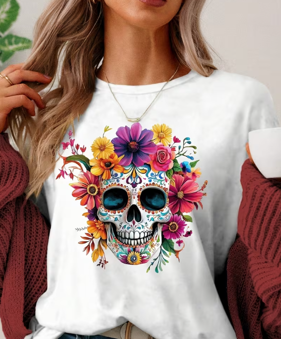 Women's Sugar Skull Graphic T‑Shirt, Rainbow Hair Silent Skeleton Print, Round Neck Short Sleeve Casual Top, Halloween T shirts