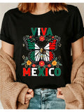VIVA MEXICO Flag Butterfly Wing Print Tee Crew Neck Short Sleeve Casual Top