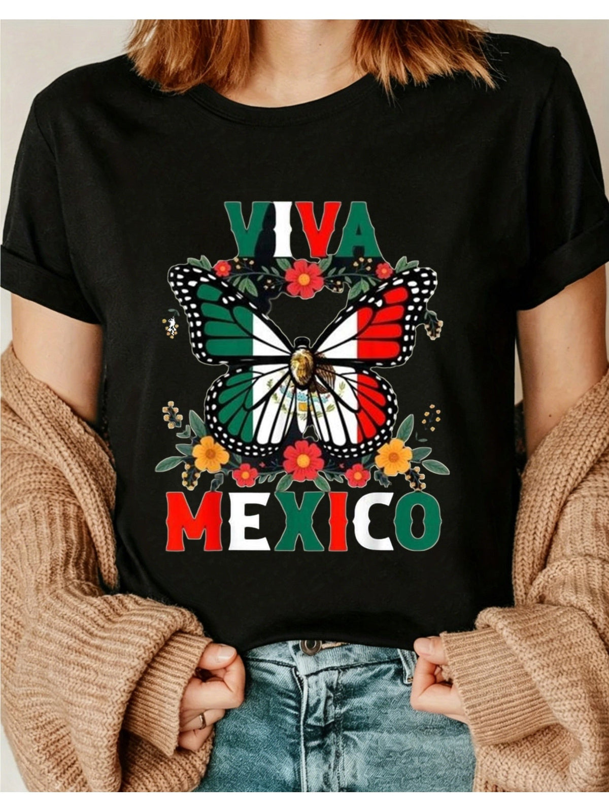 VIVA MEXICO Flag Butterfly Wing Print Tee Crew Neck Short Sleeve Casual Top