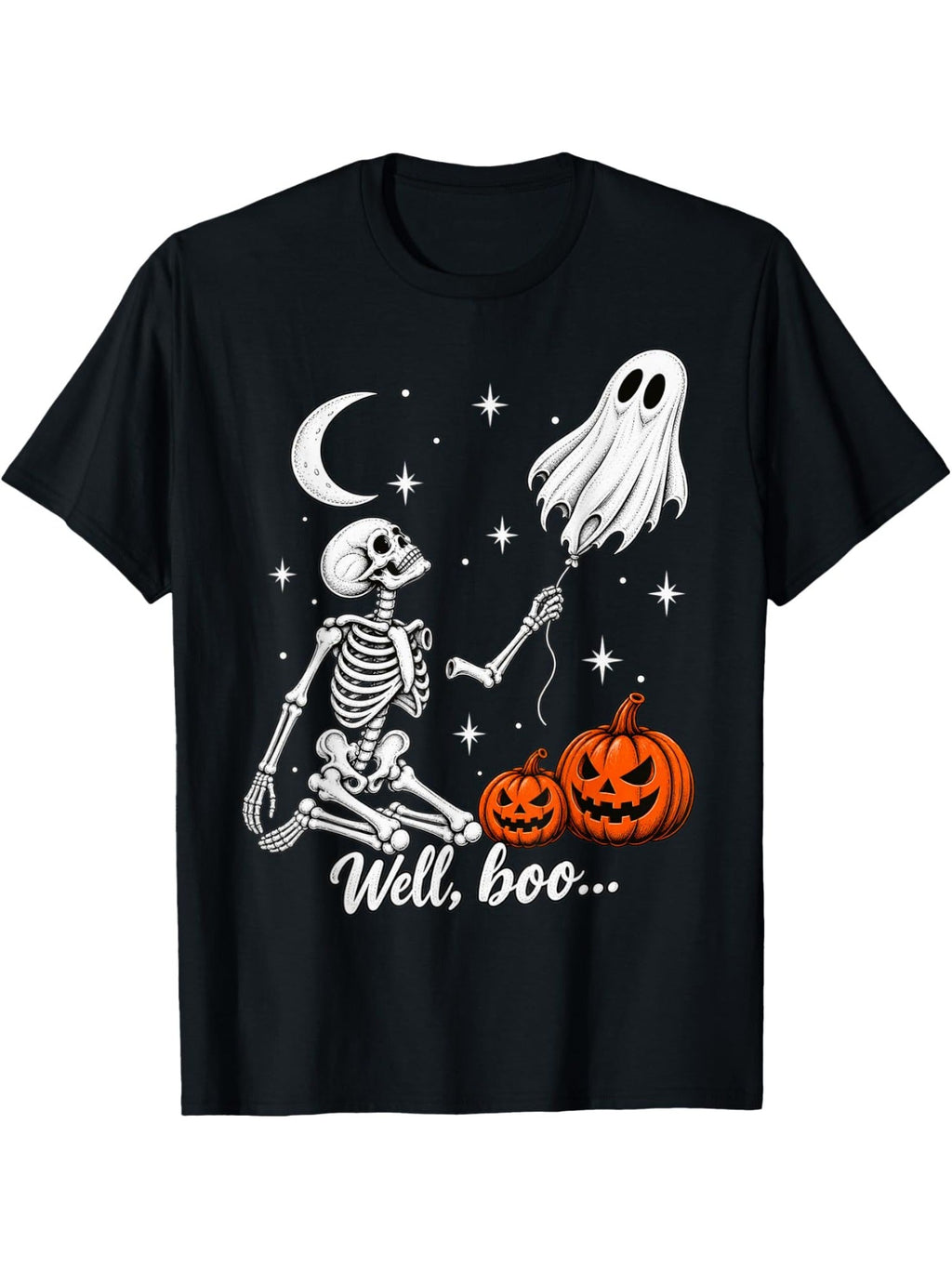 Funny Well Boo Skeleton Pumpkin Balloon Halloween Graphic Tee for Men Women, Cute Spooky Ghost Short Sleeve T-Shirt, Casual Crew Neck Top for Halloween Gift