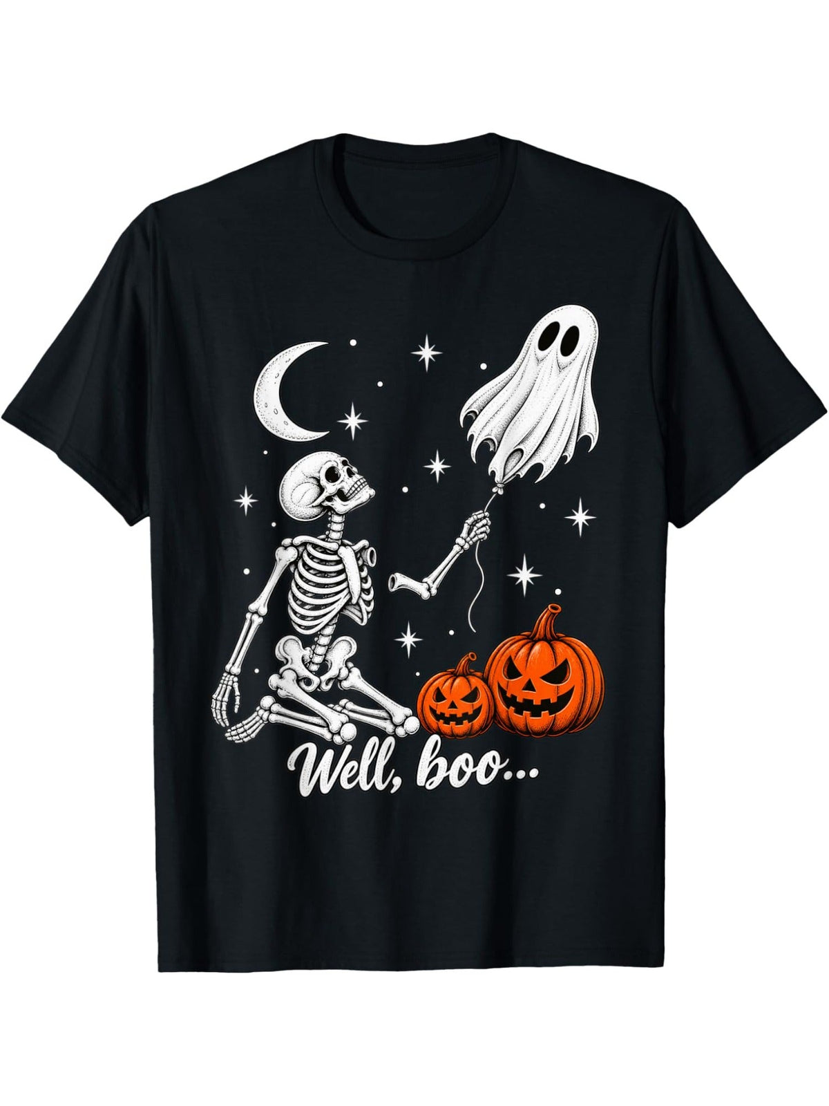 Funny Well Boo Skeleton Pumpkin Balloon Halloween Graphic Tee for Men Women, Cute Spooky Ghost Short Sleeve T-Shirt, Casual Crew Neck Top for Halloween Gift