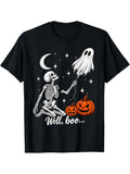 Funny Well Boo Skeleton Pumpkin Balloon Halloween Graphic Tee for Men Women, Cute Spooky Ghost Short Sleeve T-Shirt, Casual Crew Neck Top for Halloween Gift