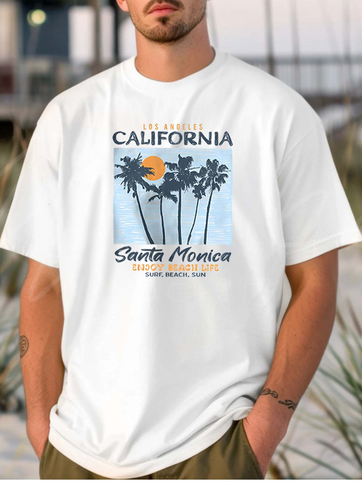 Santa Monica Beach Print Cotton White Short Sleeve Tee Los Angeles Vibe Top