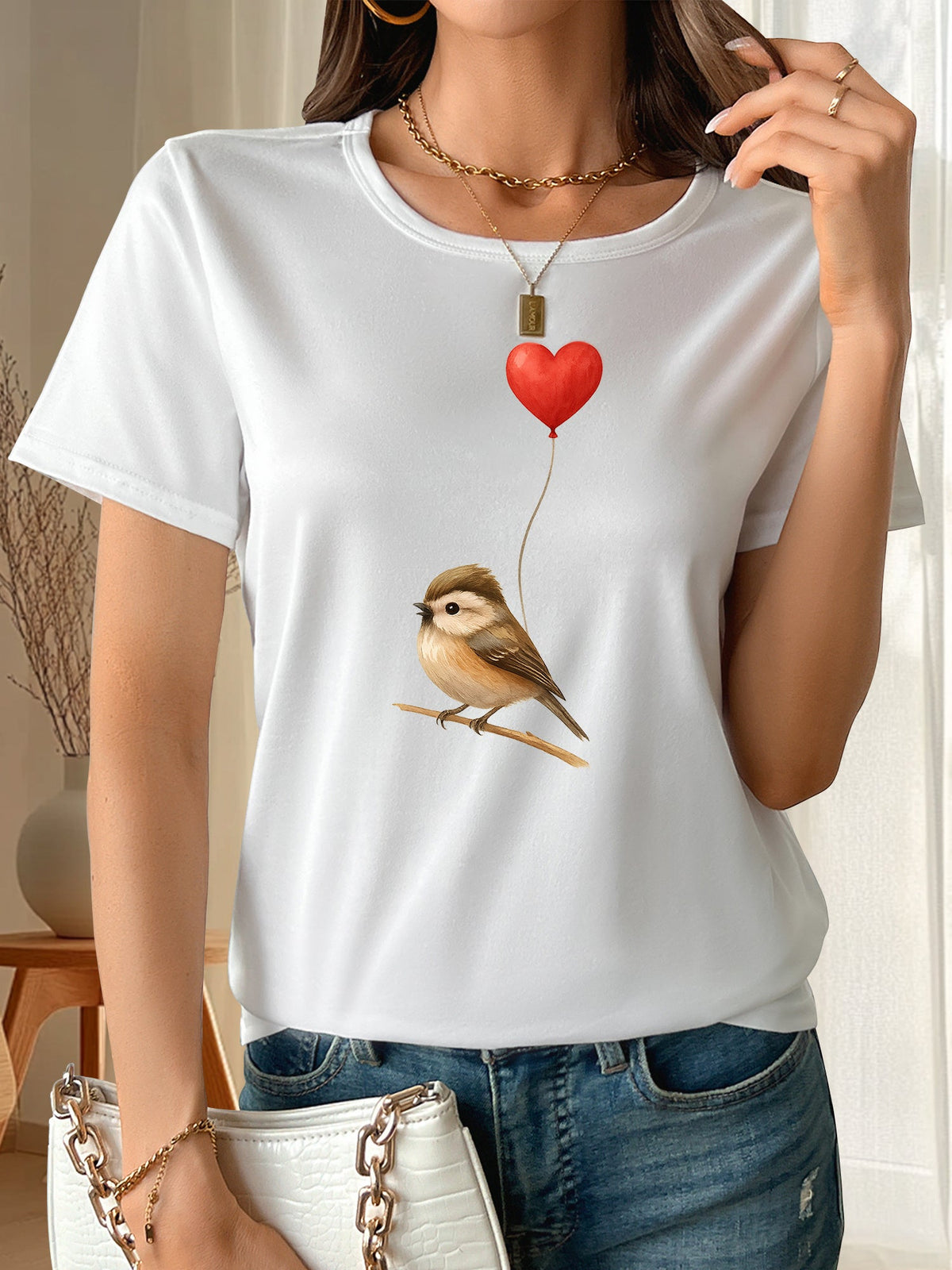Bird Heart Balloon Print Short Sleeve Tee Summer Crew Neck Fashion Top