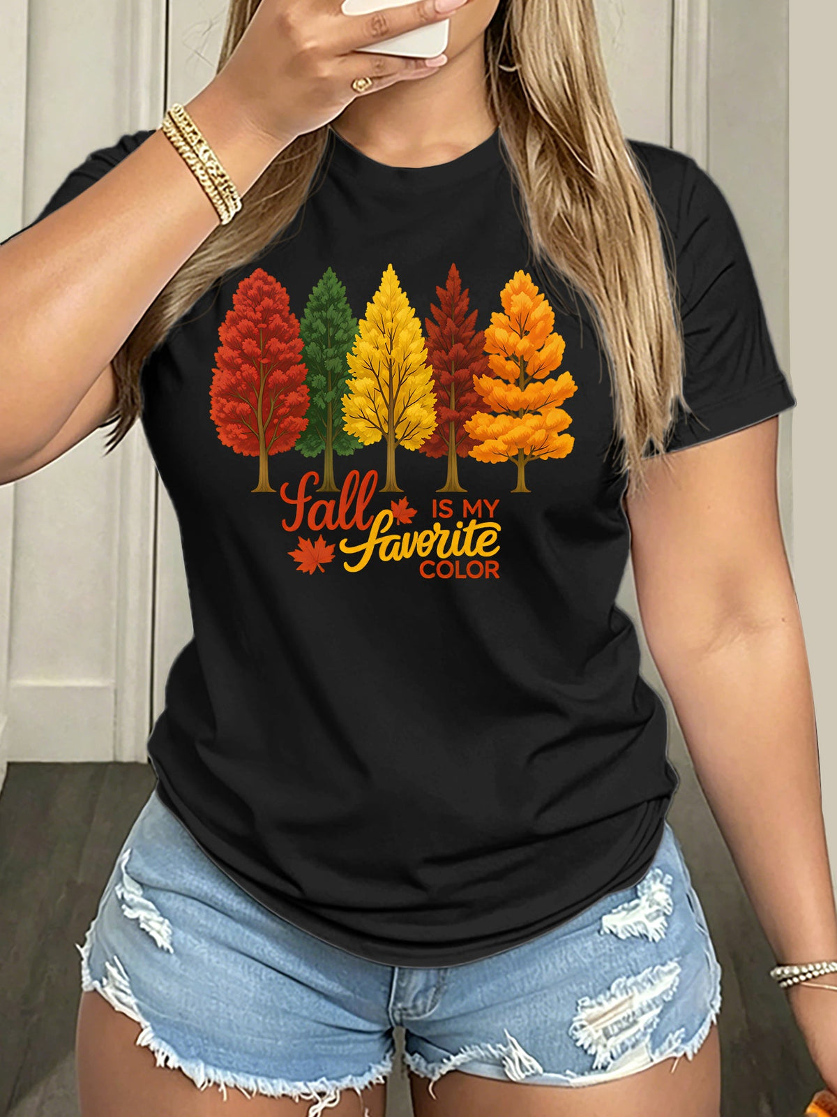 Fall Is My Favorite Leaf Print Short Sleeve Tee Autumn Casual Crew Neck Top