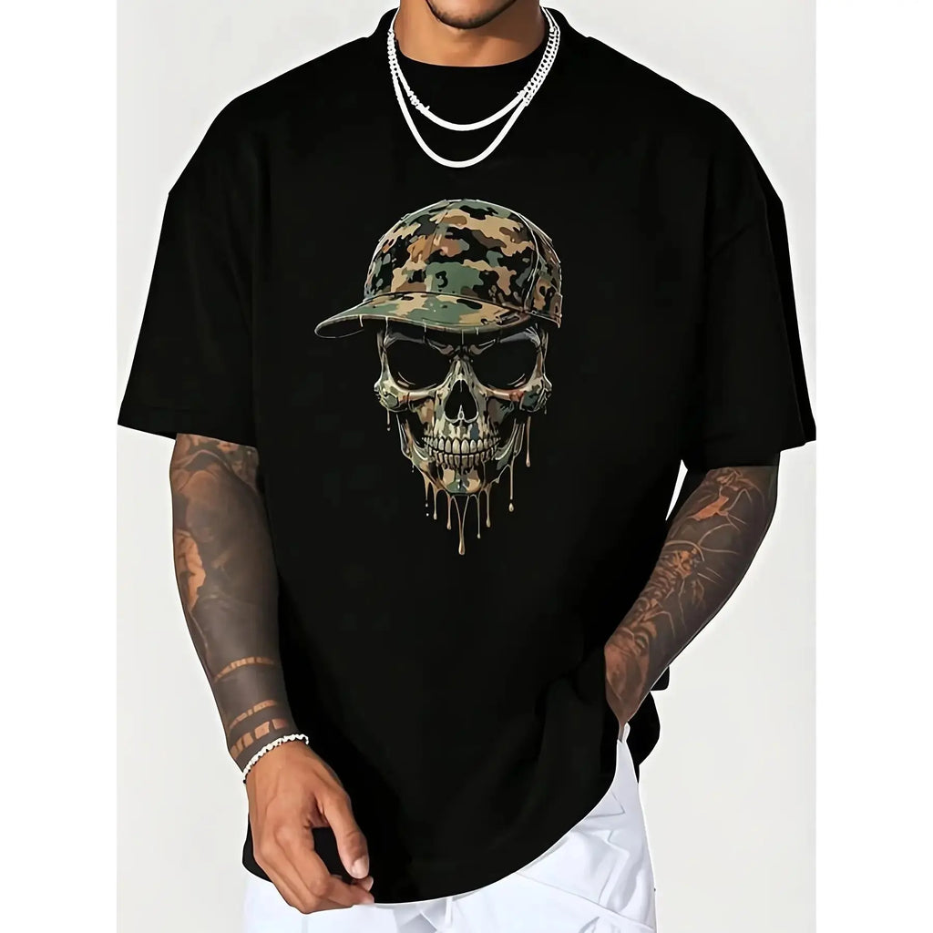 Unisex Skull Graphic T-Shirt, 100% Cotton Short Sleeve Casual Tee, Black