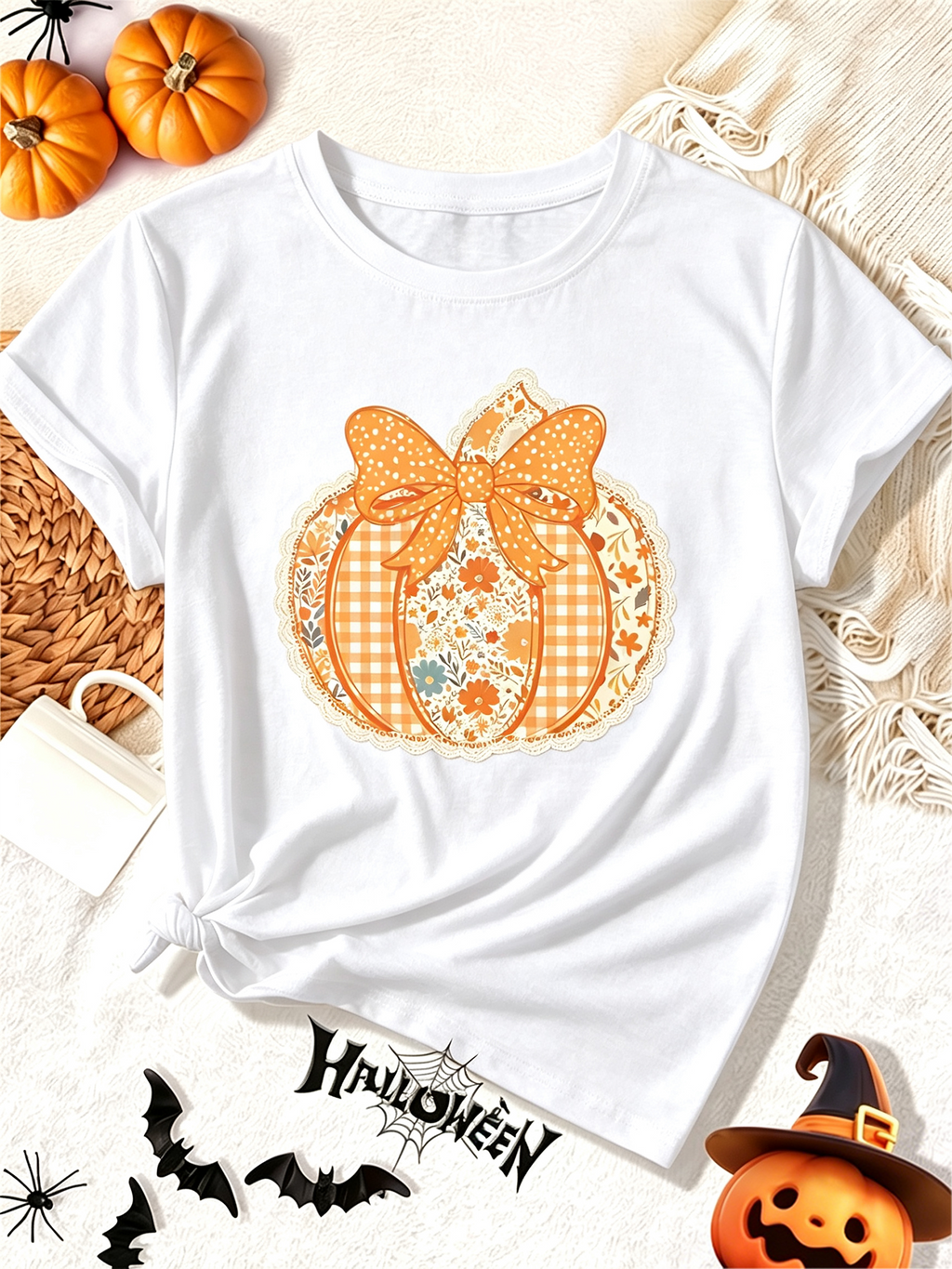 Fall Pumpkin Plaid Bow Graphic T-Shirt, Halloween Floral Pumpkin Short Sleeve Tee for Women Autumn Casual Top