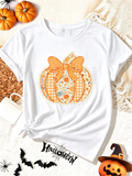 Fall Pumpkin Plaid Bow Graphic T-Shirt, Halloween Floral Pumpkin Short Sleeve Tee for Women Autumn Casual Top