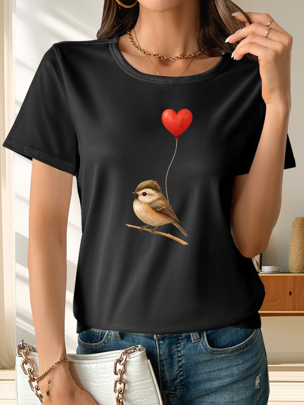 Bird Heart Balloon Print Short Sleeve Tee Summer Crew Neck Fashion Top