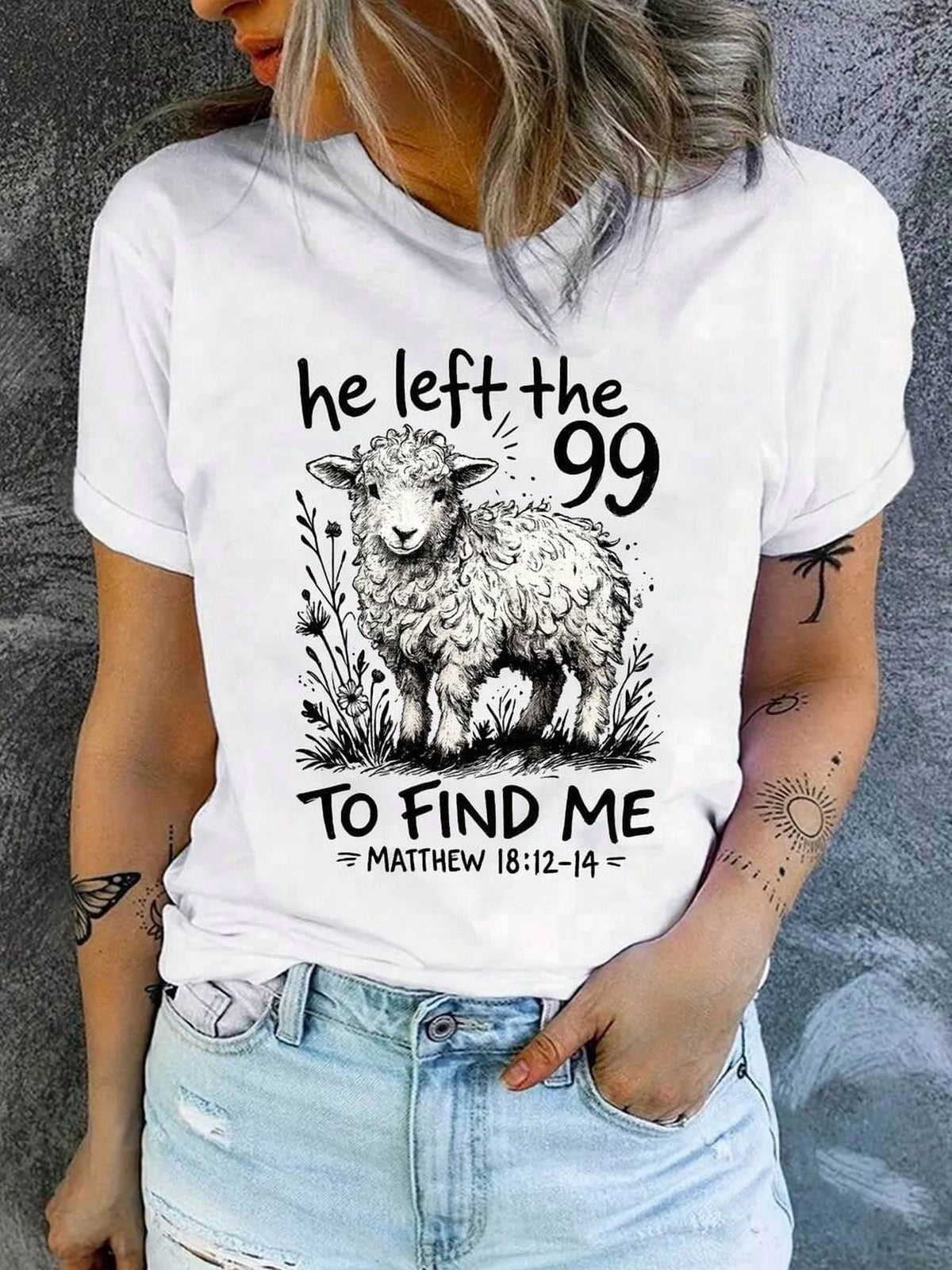 He Left The 99 To Find Me Lamb Matthew 18:12-14 Christian Graphic T-Shirt, Women Faith Casual Short Sleeve Tee