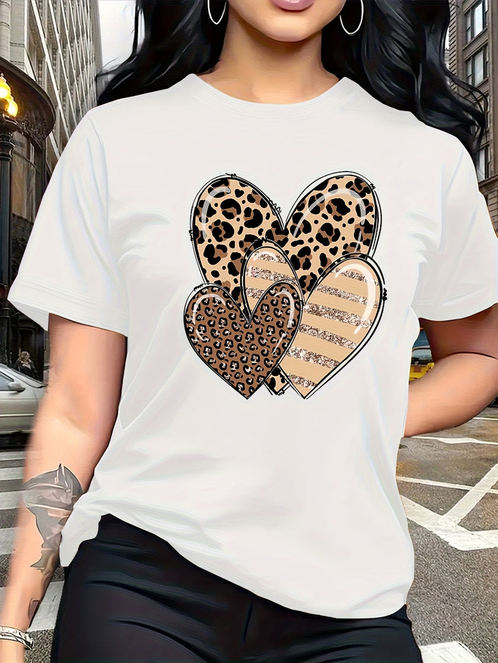 Leopard Heart Applique Print Short Sleeve Tee Crew Neck Casual Top