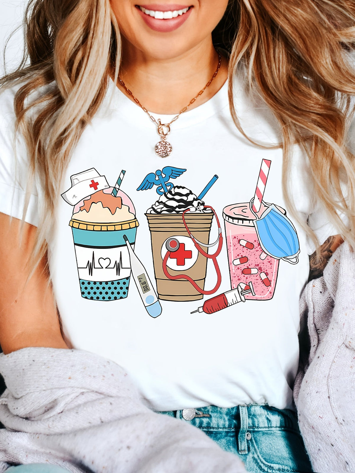 Nurses Day Coffee Print Tee Doctor Nurse Gift Crew Neck Short Sleeve Top