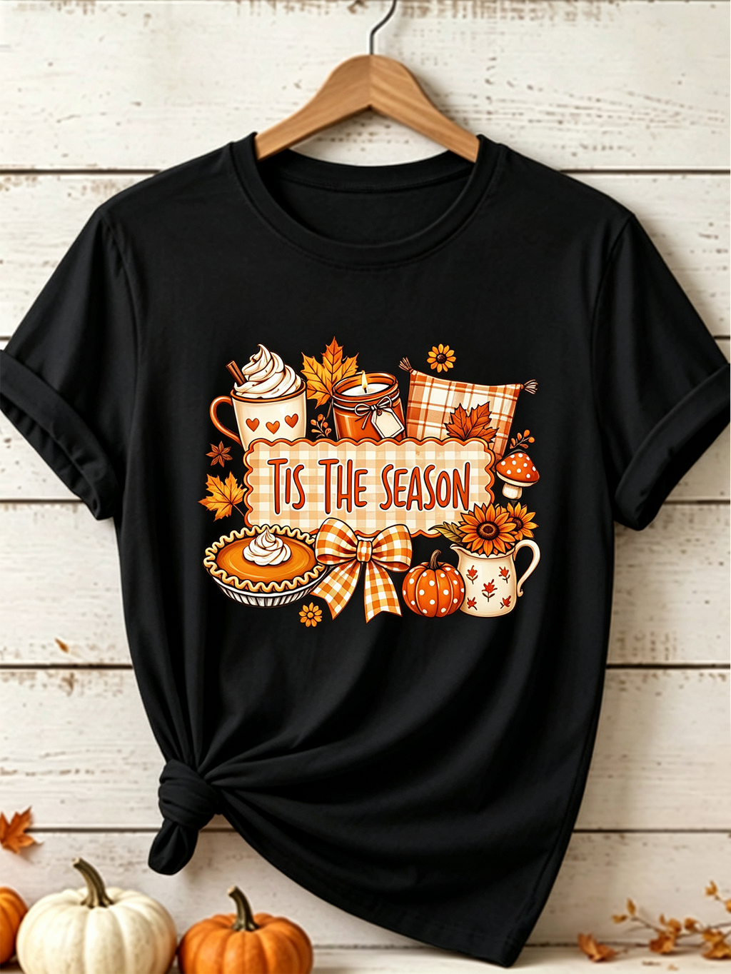 Tis The Season Fall Pumpkin Pie Hot Cocoa Graphic T-Shirt, Autumn Harvest Short Sleeve Tee for Women