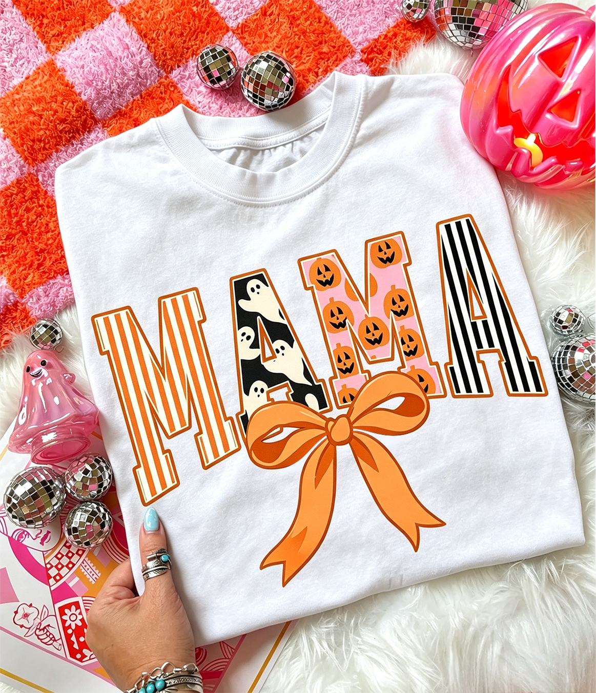 Halloween Mama Bow Graphic T-Shirt, Cute Ghost Pumpkin Pattern Short Sleeve Tee for Mom Fall Gift