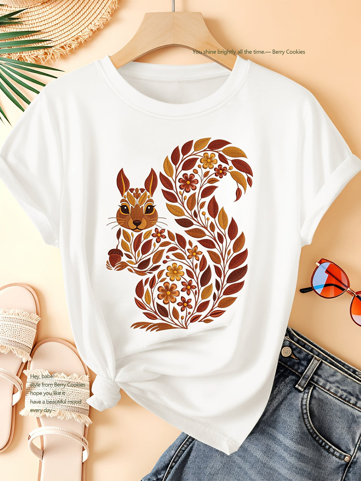 Plant Floral Squirrel Print Short Sleeve Tee Elegant Casual Crew Neck Top