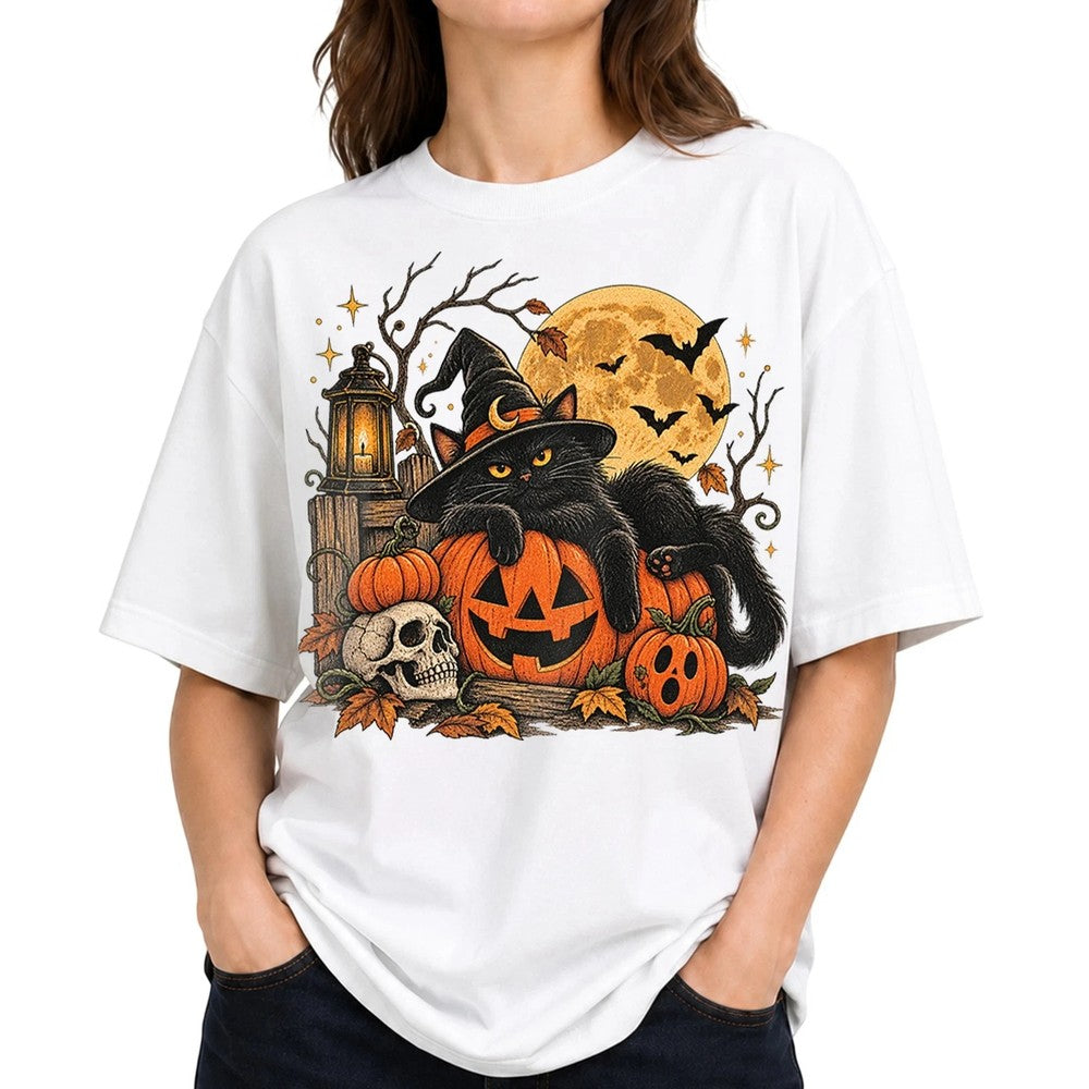 Cute Cat Witch Pumpkin T-Shirt Spooky Halloween Kitty Bones Tee Sizes S–5XL