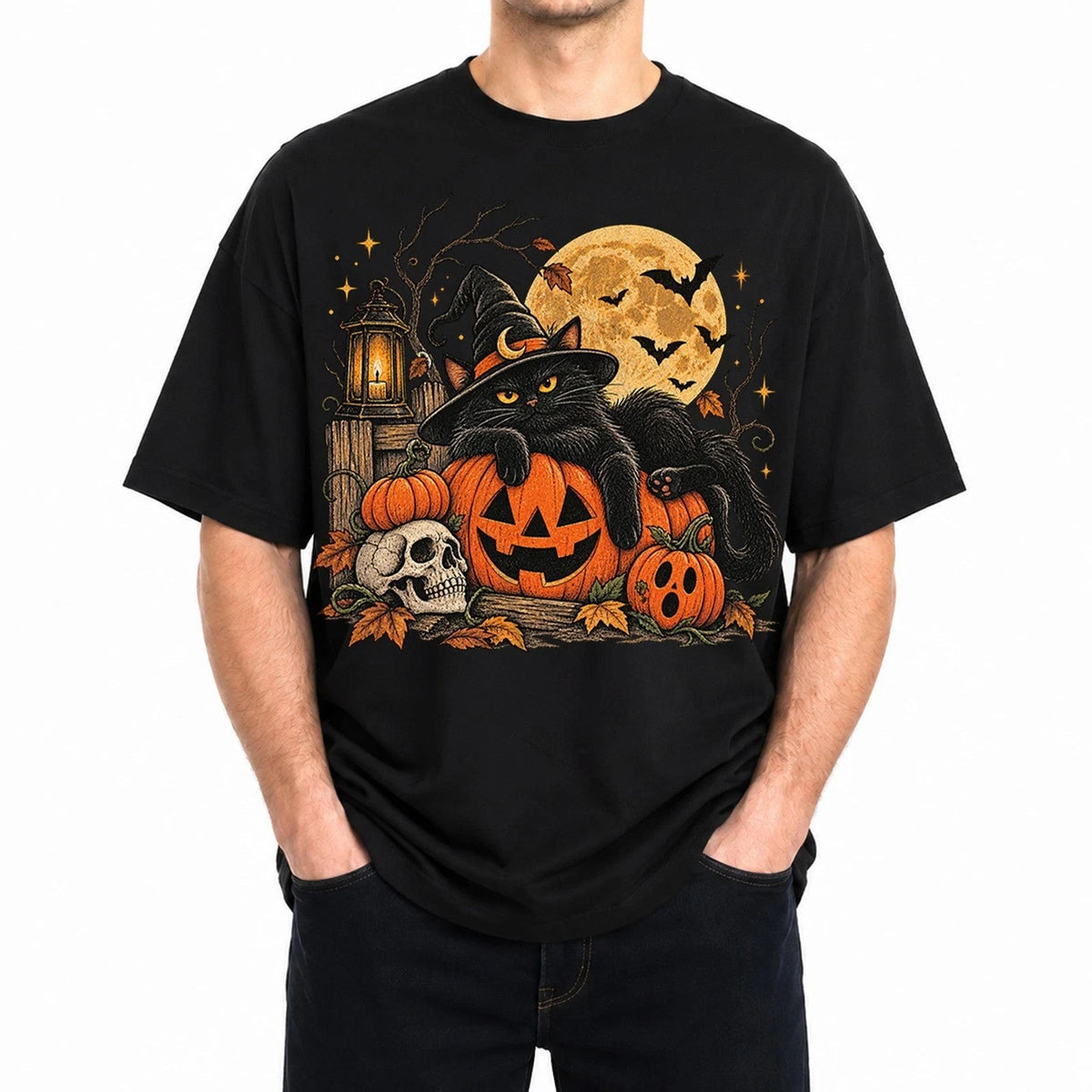 Cute Cat Witch Pumpkin T-Shirt Spooky Halloween Kitty Bones Tee Sizes S–5XL